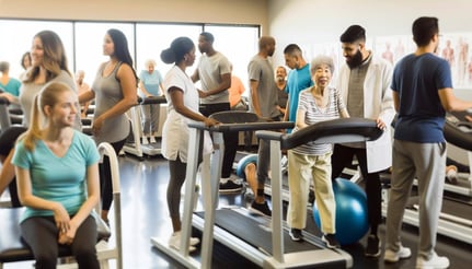 A busy physical therapy clinic with patients of all ages and backgrounds engaged in various exercises and treatments-1