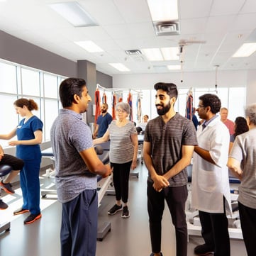 A busy physical therapy clinic with patients of all ages and backgrounds engaged in various exercises and treatments