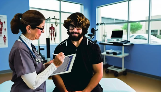 An image of a physical therapist administering a patientreported outcome measure PROM questionnaire to a patient in a clinic setting via pteverywhere-1