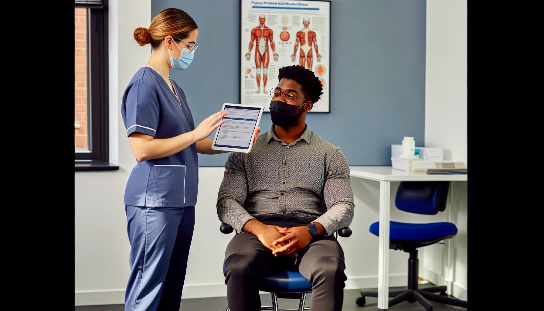 An image of a physical therapist administering a patientreported outcome measure PROM questionnaire to a patient in a clinic setting via pteverywhere