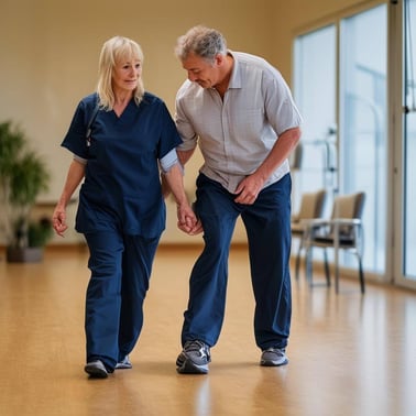 An image of a physical therapist assisting a patient with unsteady gait during a rehabilitation session-1