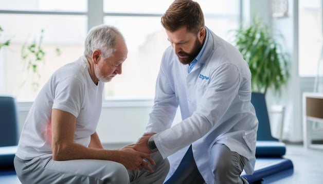 An image of a physical therapist working with a patient experiencing sciatica symptoms, discussing treatment options and documenting the condition wit-3