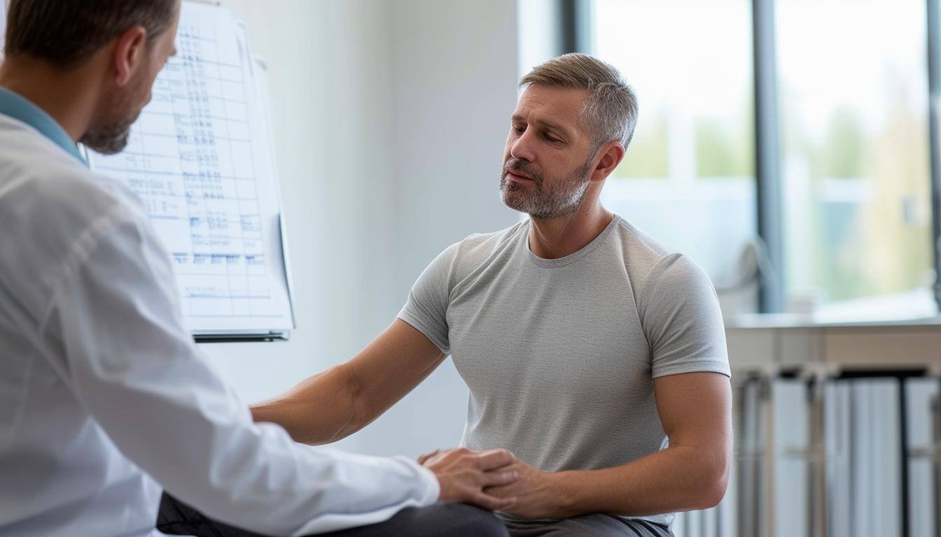 An image of a physical therapist working with a patient experiencing sciatica symptoms, discussing treatment options and documenting the condition wit