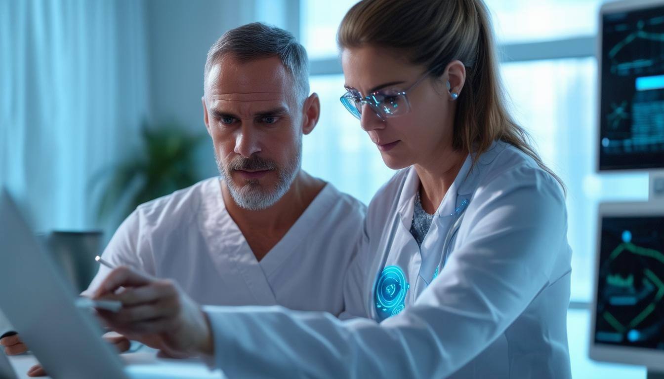 An image of a physical therapist working with a patient while using advanced AI technology for data analysis and treatment optimization-1