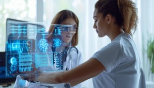 An image of a physical therapist working with a patient while using advanced AI technology for data analysis and treatment optimization-3