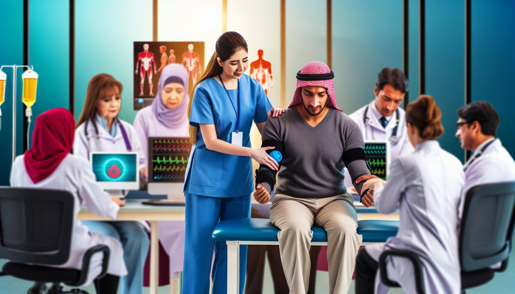 An image of a physical therapist working with a patient, surrounded by various healthcare professionals collaborating on the patients care plan-2