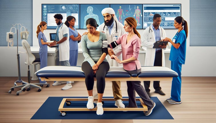 An image of a physical therapist working with a patient, surrounded by various healthcare professionals collaborating on the patients care plan-4