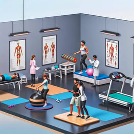 An image of a physical therapy clinic with diverse patients, different insurance types, and providers offering various services to optimize revenue st