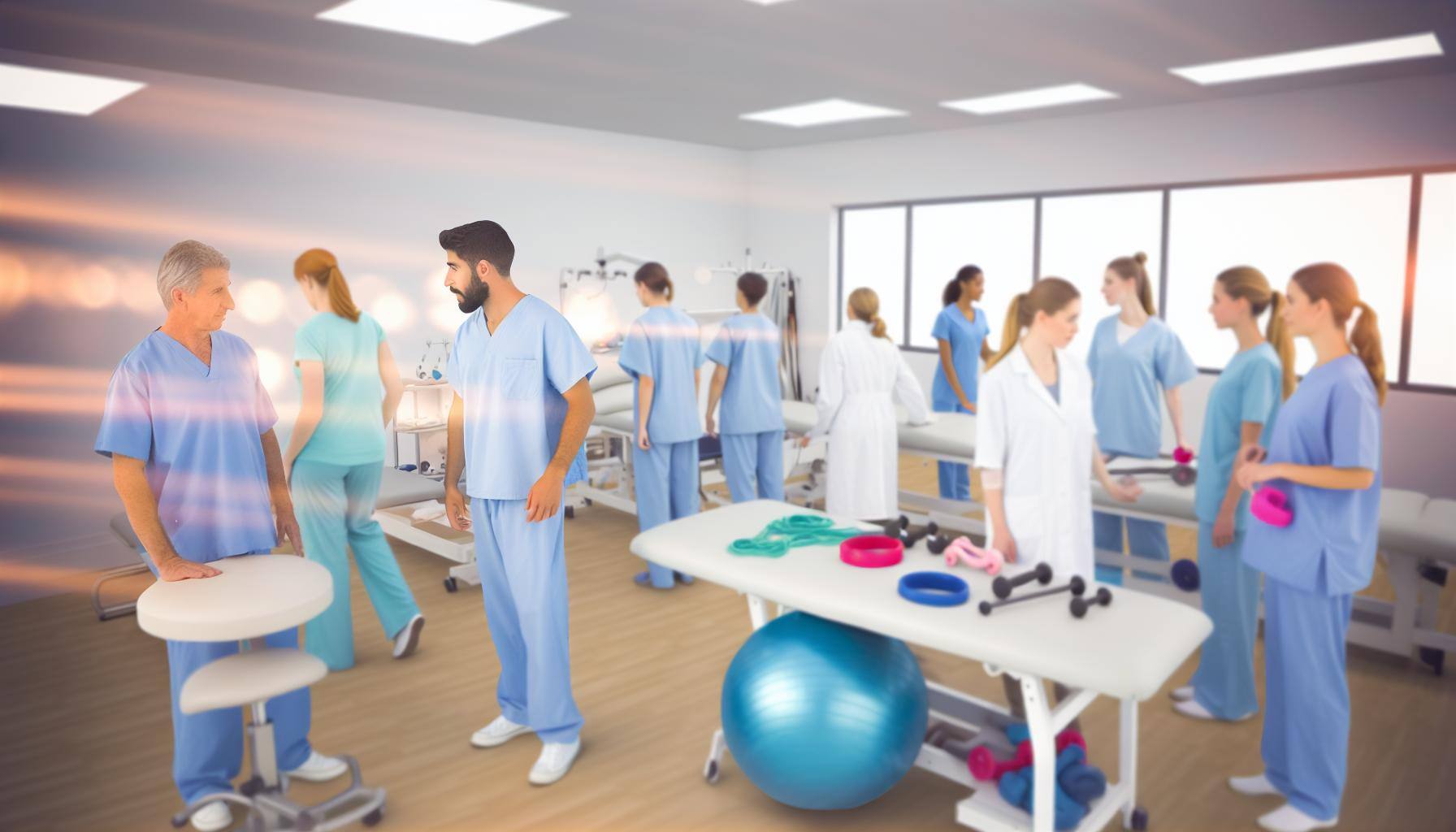 An image of a physical therapy clinic with therapists working with patients on various exercises and treatments-1