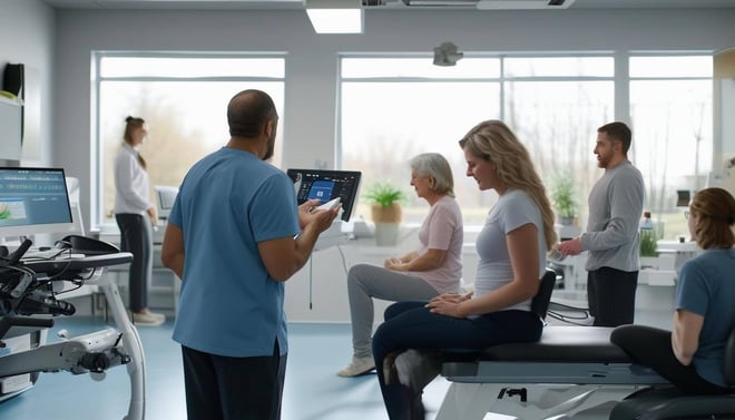 An image of a physical therapy clinic with therapists working with patients, caregivers receiving training, and staff utilizing telehealth technology-1