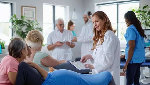 An image of a physical therapy clinic with therapists working with patients, caregivers receiving training, and staff utilizing telehealth technology