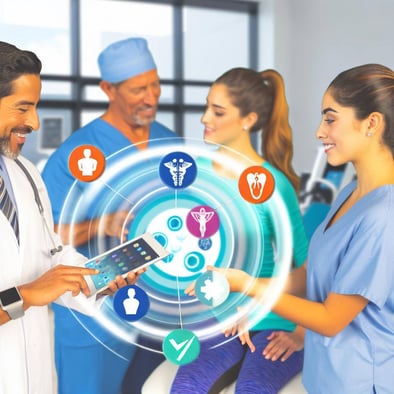 An image of a physical therapy practice embracing healthcare consumerism, with patients making informed decisions, utilizing digital tools, and receiv