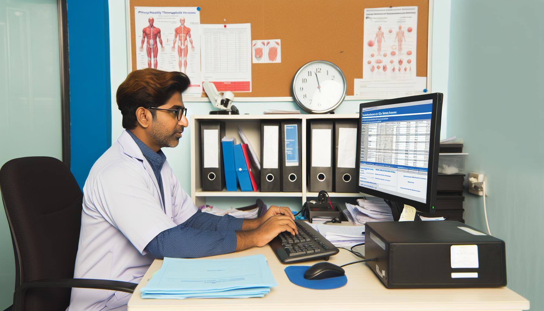 An image of a physical therapy practice owner reviewing information about the CMS Quality Payment Program QPP on a computer screen, surrounded by medi-2