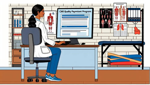 An image of a physical therapy practice owner reviewing information about the CMS Quality Payment Program QPP on a computer screen, surrounded by medi