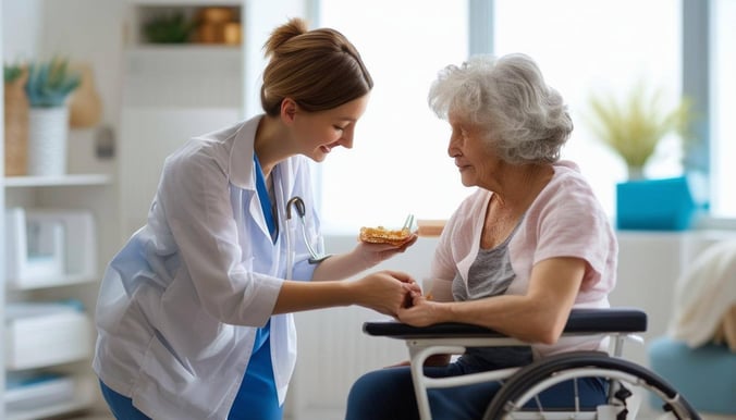 An image of a physical therapy professional helping a patient with basic activities of daily living, such as ambulating, grooming, toileting, dressing