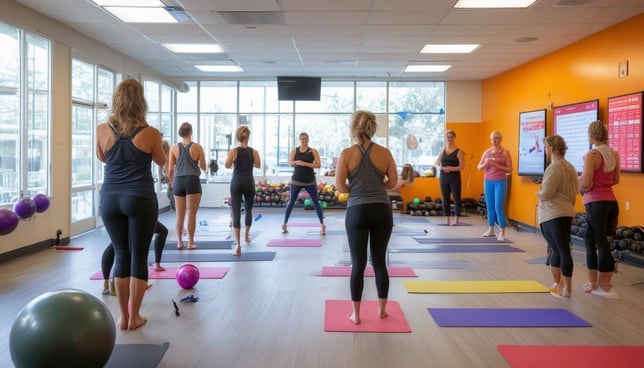 The image depicts a bright and inviting Medically Oriented Gym MOG space designed for patients with varying medical conditions-1