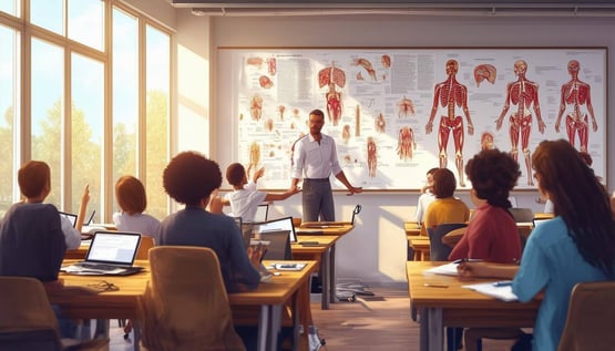 The image depicts a bright, modern classroom filled with eager students seated at wooden desks, each equipped with laptops and textbooks on physical t-2