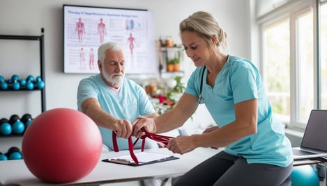 The image depicts a modern physical therapy clinic with bright, airy interiors-2