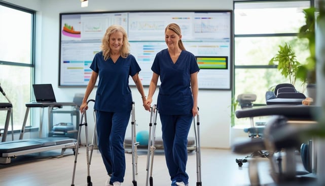 The image depicts a modern physical therapy clinic, brightly lit with large windows allowing natural light to flood the space