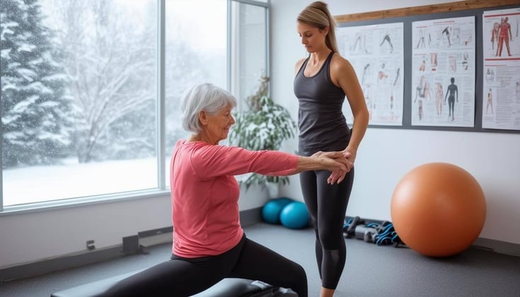 The image depicts a serene physical therapy clinic, bathed in soft, warm light-2