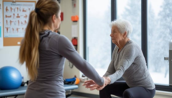 The image depicts a serene physical therapy clinic, bathed in soft, warm light