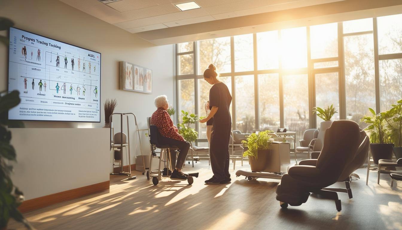 The image depicts a serene, welllit physical therapy clinic, featuring a spacious treatment area with various exercise equipment arranged neatly-1