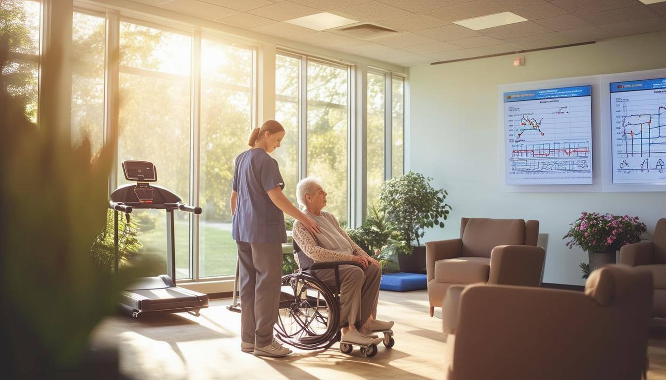 The image depicts a serene, welllit physical therapy clinic, featuring a spacious treatment area with various exercise equipment arranged neatly