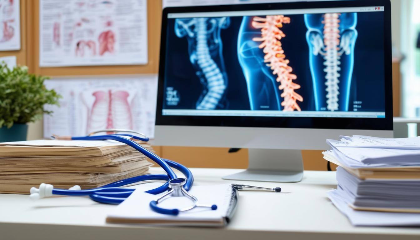 The image features an organized workspace in a physical therapy clinic, with a large desk that has a computer displaying a detailed ICD10 coding guide-2