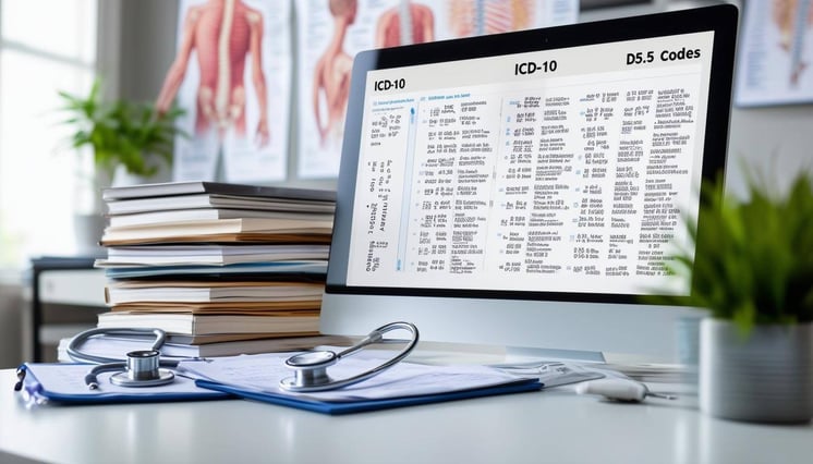 The image features an organized workspace in a physical therapy clinic, with a large desk that has a computer displaying a detailed ICD10 coding guide-3