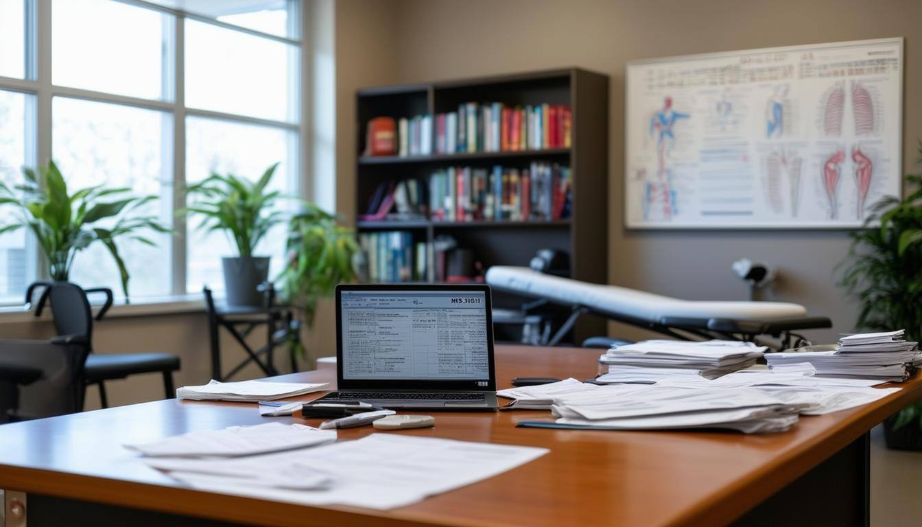 The image features an organized workspace in a physical therapy clinic-2