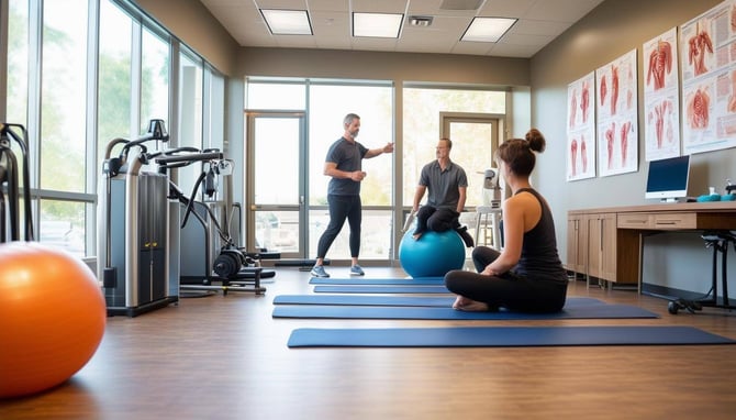 The image shows a modern, wellorganized physical therapy clinic-1