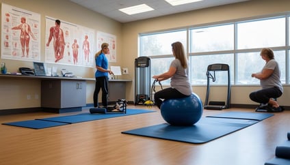 The image shows a modern, wellorganized physical therapy clinic