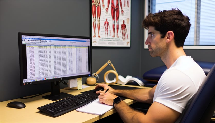 physical therapist working on CPT codes on computer